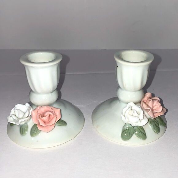 Vintage Porcelain Small Candle Stick Holders With Hand Painted Rose Design - Picture 1 of 12